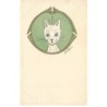 n°25835 - Adym - Chat blanc étant apeuré dans un médaillon vert