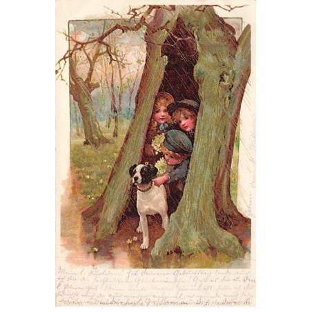 n°25842 - Un chien et des enfants se protégeant de la pluie dans un arbre