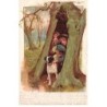 n°25842 - Un chien et des enfants se protégeant de la pluie dans un arbre