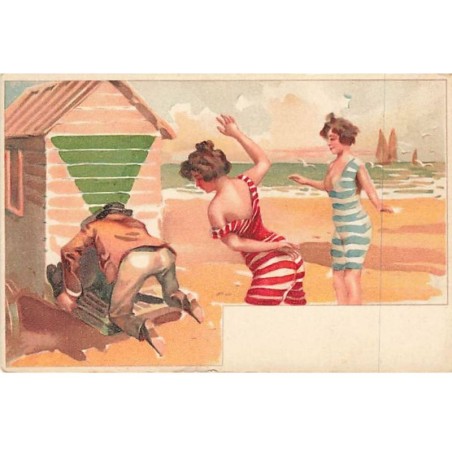 n°25850 - Fantaisie - Deux baigneuses regardant un homme a genoux près d'une cabine de plage