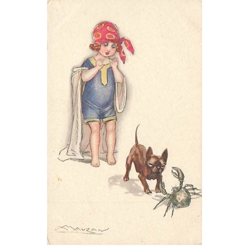 n°25856 - Illustrateur L.A. Mauzan - Fillette avec un bouledogue français devant un crabe