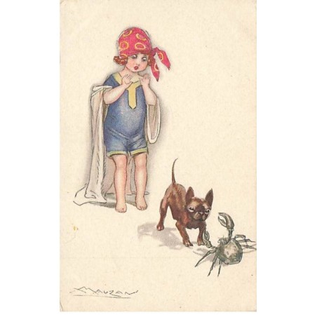 n°25856 - Illustrateur L.A. Mauzan - Fillette avec un bouledogue français devant un crabe