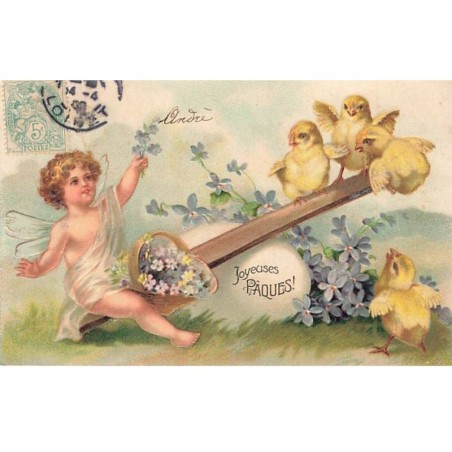n°25858 - Carte Gaufrée - Clapsaddle - Joyeuses Pâques - Ange faisant de la balancelle avec des poussins
