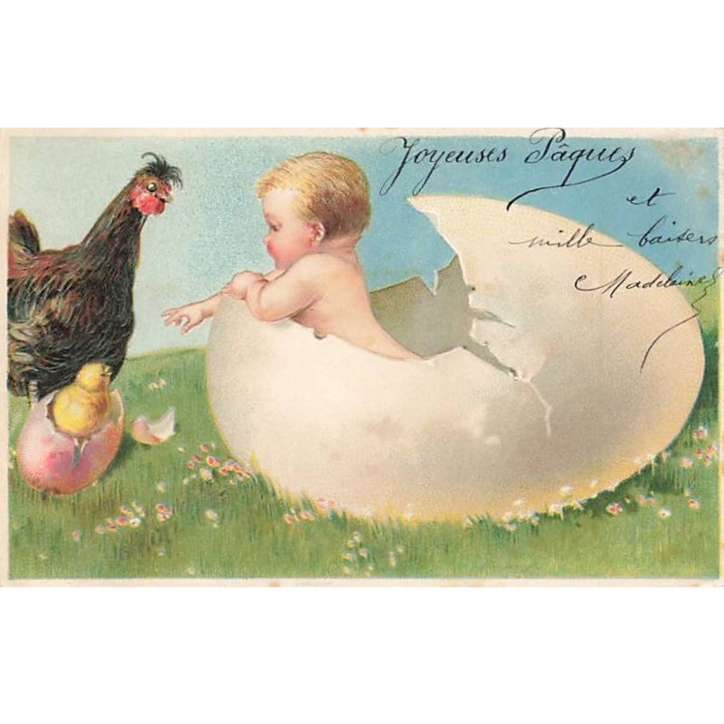 n°25860 - Carte Gaufrée - Joyeuses Pâques - Bébé dans un oeuf près d'un poussin et d'une poule