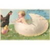 n°25860 - Carte Gaufrée - Joyeuses Pâques - Bébé dans un oeuf près d'un poussin et d'une poule