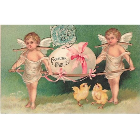 n°25863 - Carte Gaufrée - Clapsaddle - Heureuse Pâques - Anges portant un oeuf, et poussins