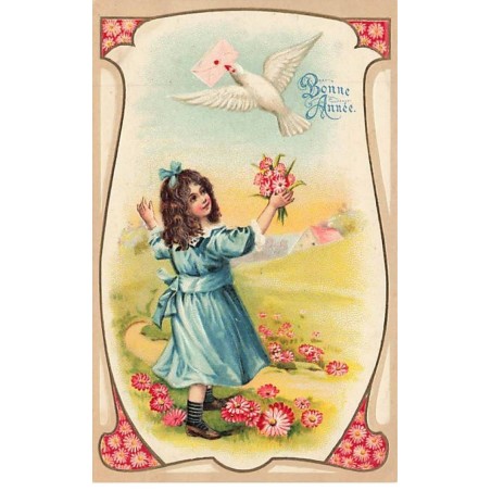 n°25864 - Carte Gaufrée - Bonne Année - Jeune fille regardant une colombe s'envolée avec une lettre