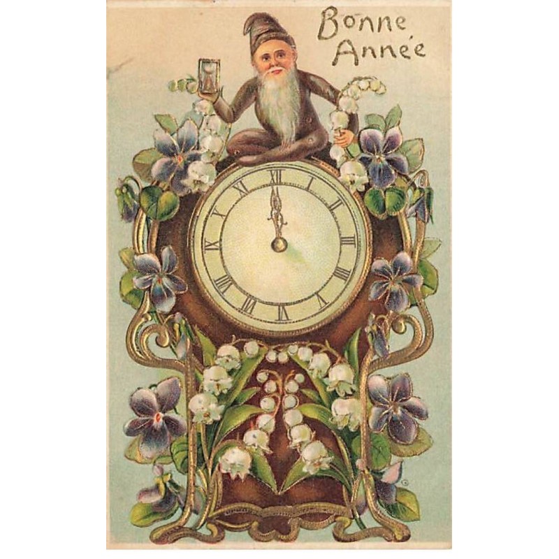 n°25865 - Carte Gaufrée - Bonne Année - Lutin assis sur une pendule décorée de muguet et violettes
