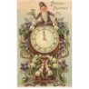 n°25865 - Carte Gaufrée - Bonne Année - Lutin assis sur une pendule décorée de muguet et violettes