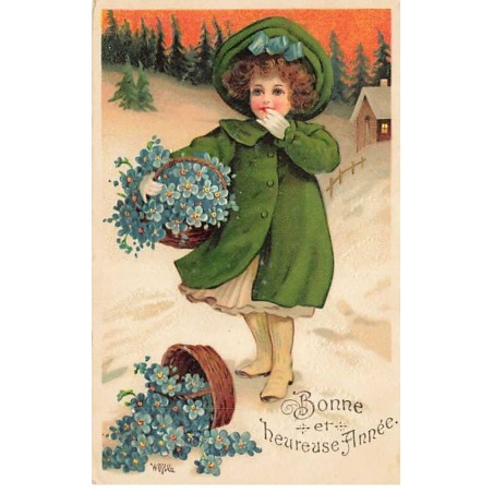 n°25867 - Carte Gaufrée - Bonne et Heureuse Année - Jeune fille près d'un panier rempli de myosotis
