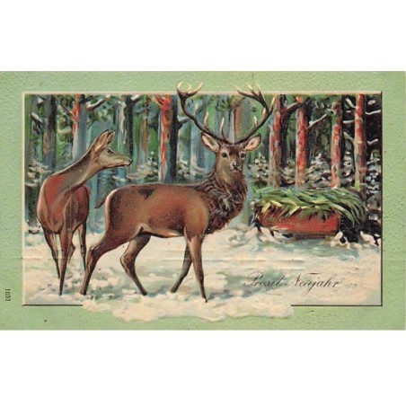 n°25868 - Carte Gaufrée - Prosit Neujahr - Biche et Cerf dans la forêt