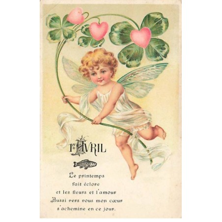 n°25870 - Carte Gaufrée - 1er Avril - Ange tenant un trèfle avec des coeurs