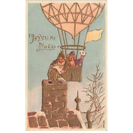 n°25874 - Carte Gaufrée - Joyeux Noël - Nains dans un ballon, versant des pièces d'or dans une cheminée