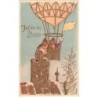n°25874 - Carte Gaufrée - Joyeux Noël - Nains dans un ballon, versant des pièces d'or dans une cheminée