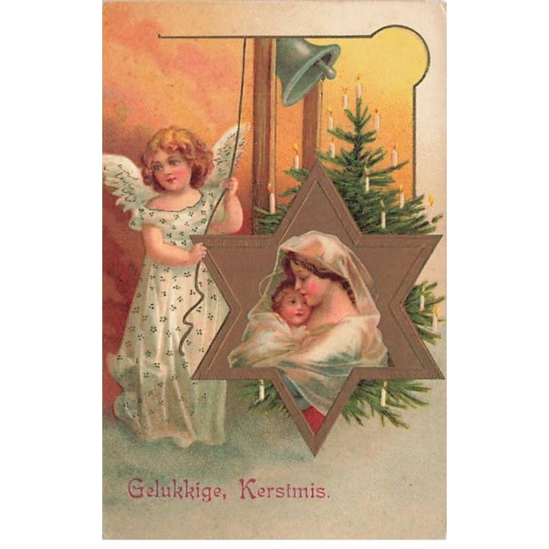 n°25877 - Carte Gaufrée - Noël - Clapsaddle - Ange sonnant une cloche au-dessus d'une femme et son bébé