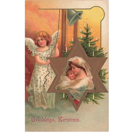 n°25877 - Carte Gaufrée - Noël - Clapsaddle - Ange sonnant une cloche au-dessus d'une femme et son bébé