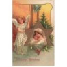 n°25877 - Carte Gaufrée - Noël - Clapsaddle - Ange sonnant une cloche au-dessus d'une femme et son bébé