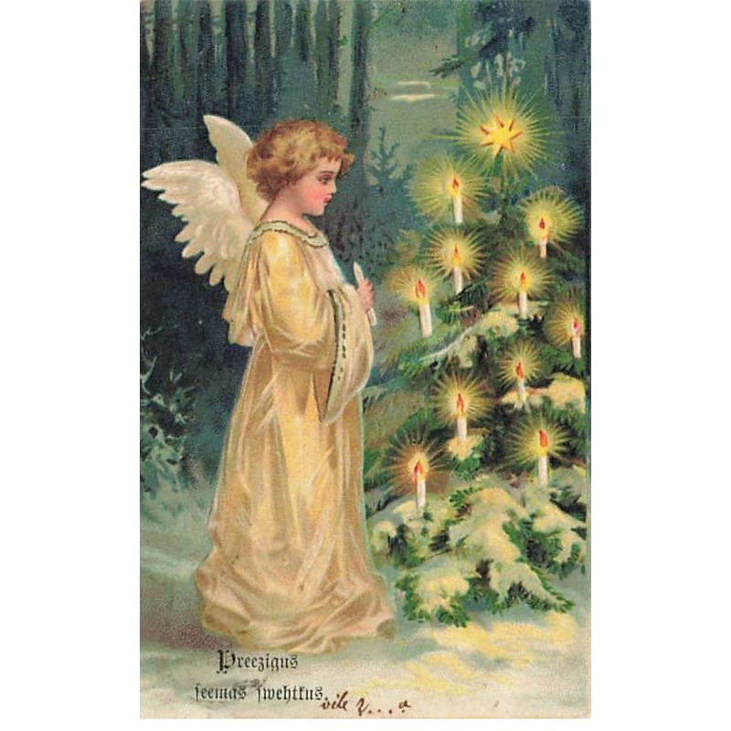 n°25878 - Carte Gaufrée - Noël - Clapsaddle - Ange mettant des bougies dans un sapin