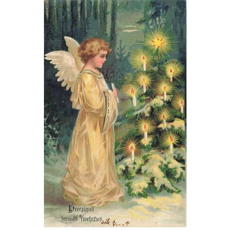 n°25878 - Carte Gaufrée - Noël - Clapsaddle - Ange mettant des bougies dans un sapin