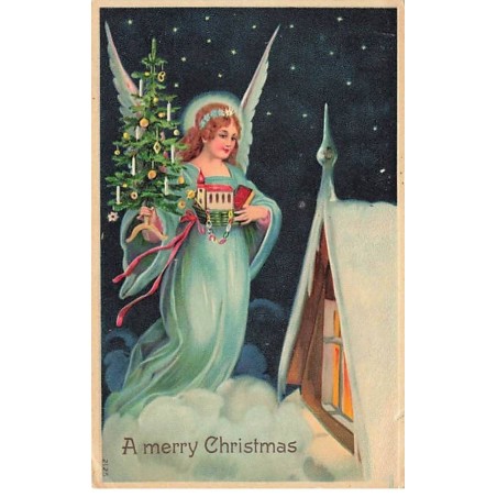 n°25879 - Carte Gaufrée - Noël - A Merry Christmas - Ange Gardien apportant un sapin et des jouets