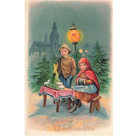 n°25881 - Carte Gaufrée - Fröhliche Weihnachten - Enfants près d'un sapin sur une table sous un lampion