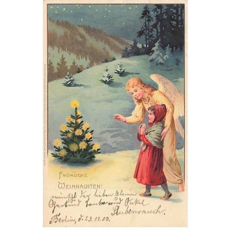 n°25882 - Fröhliche Weihnachten - Ange gardien montrant à une fillette un sapin dans la nuit - Meissner