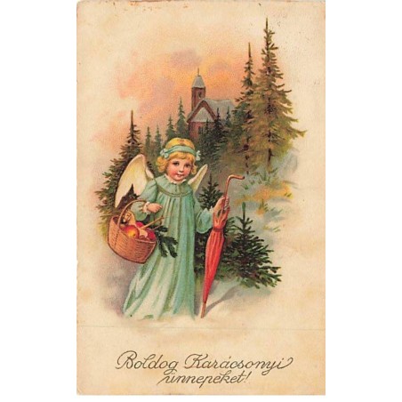 n°25885 - Noël - Boldog Karacsonyi ünnepeket - Ange portant un panier rempli de pommes