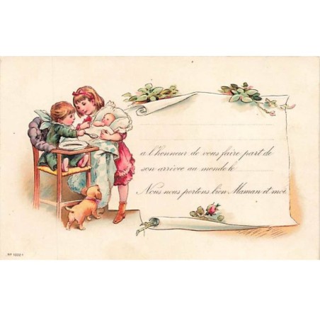 n°25888 - Carte Gaufrée - Naissance - Jeune fille portant un bébé, devant un garçon dans une chaise haute
