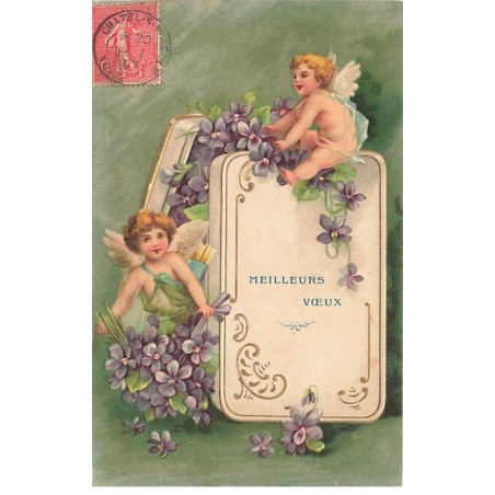 n°25892 - Carte Gaufrée - Clapsaddle - Meilleurs voeux - Anges près d'une boite remplie de violettes