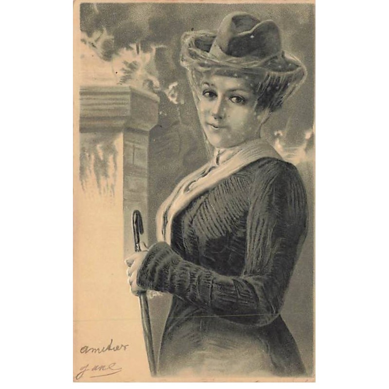 n°25894 - Carte Gaufrée - Fantaisie - Jeune femme avec un chapeau à voilette