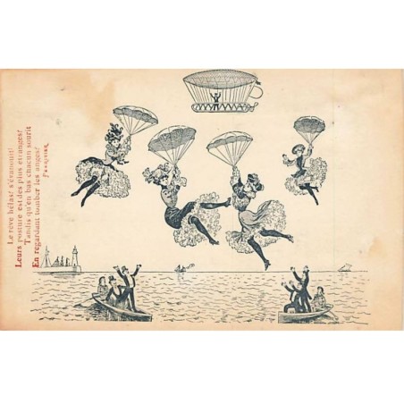 n°25900 - Fantaisie - Le Rêve hélas s'évanouit ! - Dirigeable - Femmes accrochées à des parachutes - surréalisme