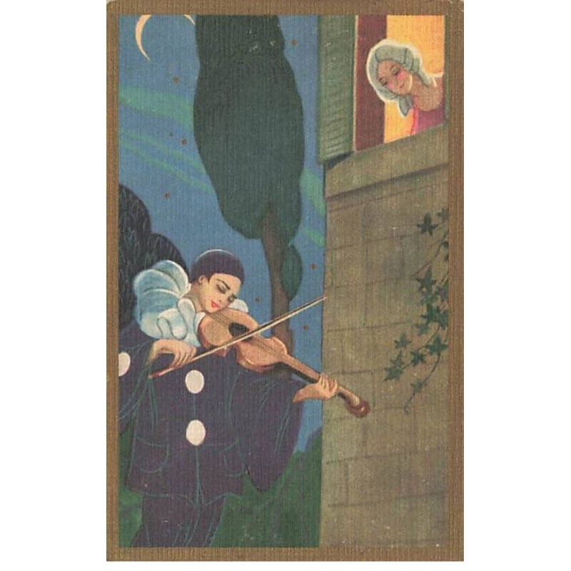 n°25901 -  Style Chiostri - Pierrot jouant du violon pour une jeune femme à une fenêtre