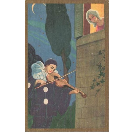 n°25901 -  Style Chiostri - Pierrot jouant du violon pour une jeune femme à une fenêtre