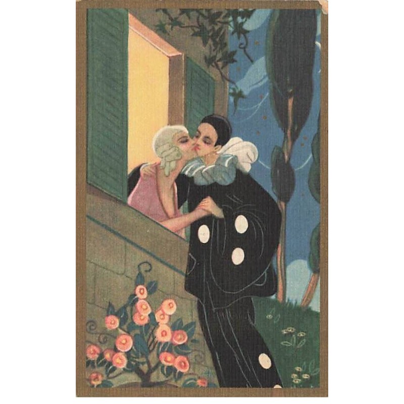 n°25902 -  Style Chiostri - Pierrot embrassant une jeune femme
