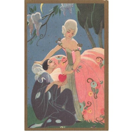 n°25903 - Style Chiostri - Pierrot à genoux devant une jeune femme, et lui offrant un coeur