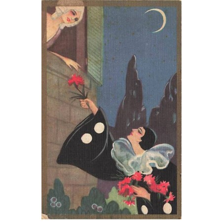 n°25904 - Style Chiostri - Pierrot offrant une fleur à une jeune femme