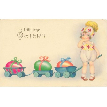 n°25905 - Style Baumgarten - Fröhliche Ostern - Fillette tirant un train  avec des oeufs sur les wagons