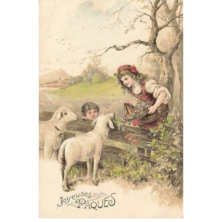 n°25906 - Carte Gaufrée - serie 5058 - Joyeuses Pâques - Jeune fille nourrissant des moutons