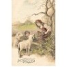 n°25906 - Carte Gaufrée - serie 5058 - Joyeuses Pâques - Jeune fille nourrissant des moutons