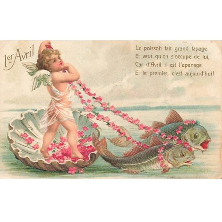 n°25907 - Carte Gaufrée - Clapsaddle - 1er Avril -  Ange dans un coquillage tiré par des poissons