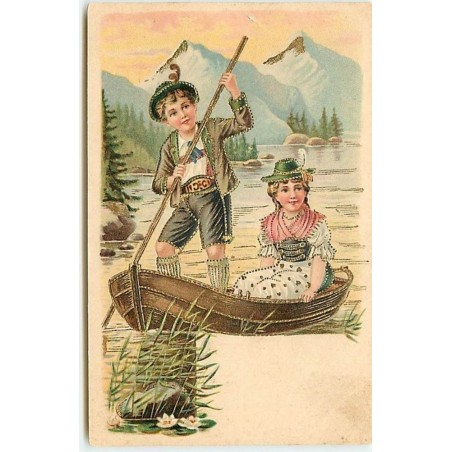 n°12694 - Carte Gaufrée - Enfants en habit tyrolien dans une barque