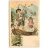 n°12694 - Carte Gaufrée - Enfants en habit tyrolien dans une barque