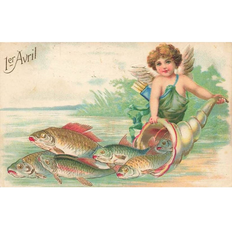 n°25908 - Carte Gaufrée - Clapsaddle - 1er Avril - Cupidon tenant une corde d'abondance d'où s'échappent des poissons