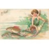 n°25908 - Carte Gaufrée - Clapsaddle - 1er Avril - Cupidon tenant une corde d'abondance d'où s'échappent des poissons