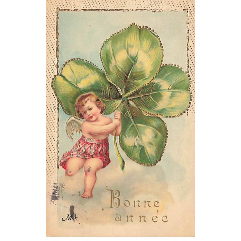 n°25910 - Carte Gaufrée - Bonne Année - Ange portant un trèfle