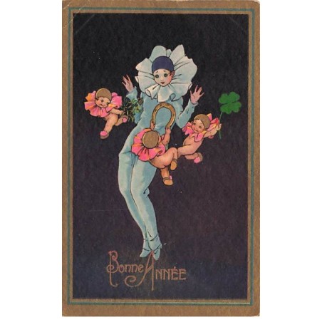 n°25912 - Style Chiostri - Bonne Année - Anges volant- autour de Pierrot