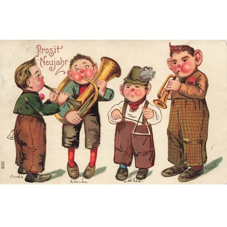 n°25914 - Carte Gaufrée - Prosit Neujahr - Garçons jouant de la musique