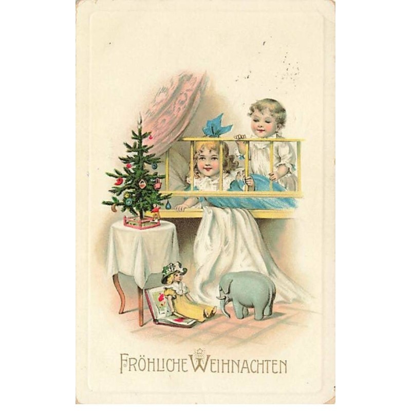 n°25917 - Carte Gaufrée - Fröhliche Weihnachten - Enfants dans un lit regardant un sapin, éléphant et poupée