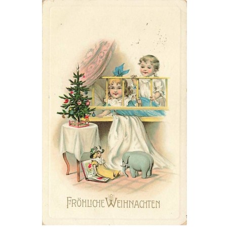 n°25917 - Carte Gaufrée - Fröhliche Weihnachten - Enfants dans un lit regardant un sapin, éléphant et poupée