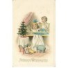 n°25917 - Carte Gaufrée - Fröhliche Weihnachten - Enfants dans un lit regardant un sapin, éléphant et poupée